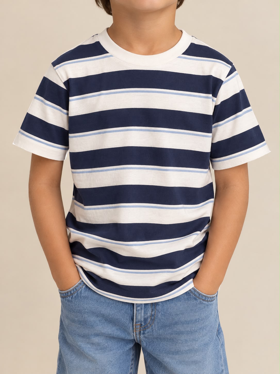 BLUE AND WHITE STRIPED T-SHIRT