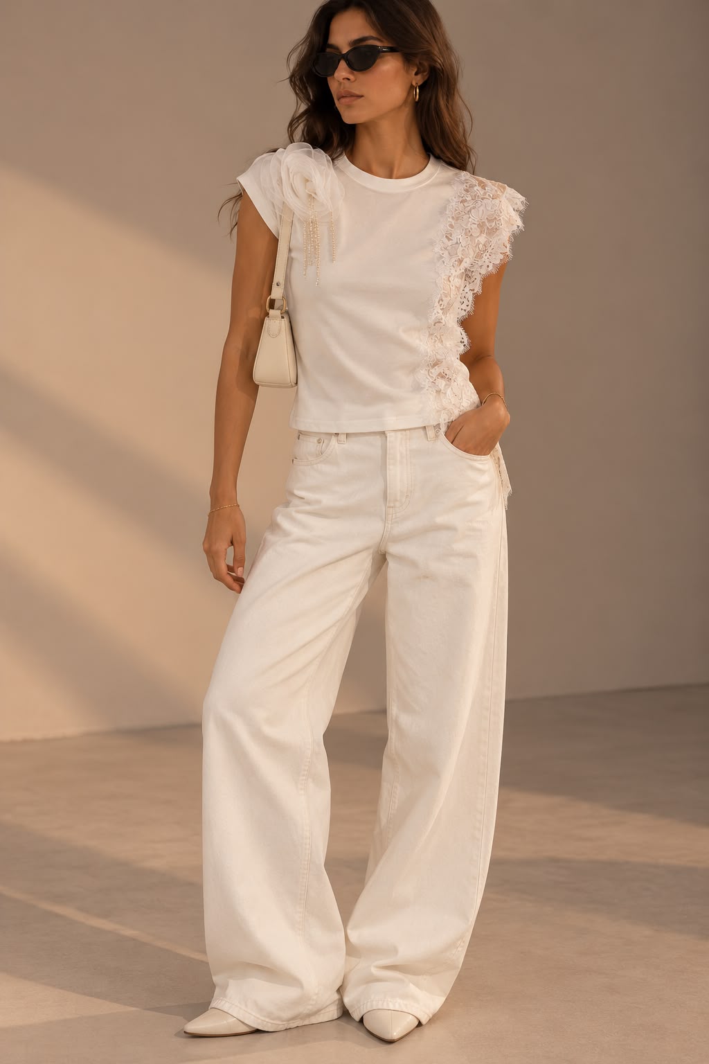 blusa blanca con encaje y flores (sin mangas)