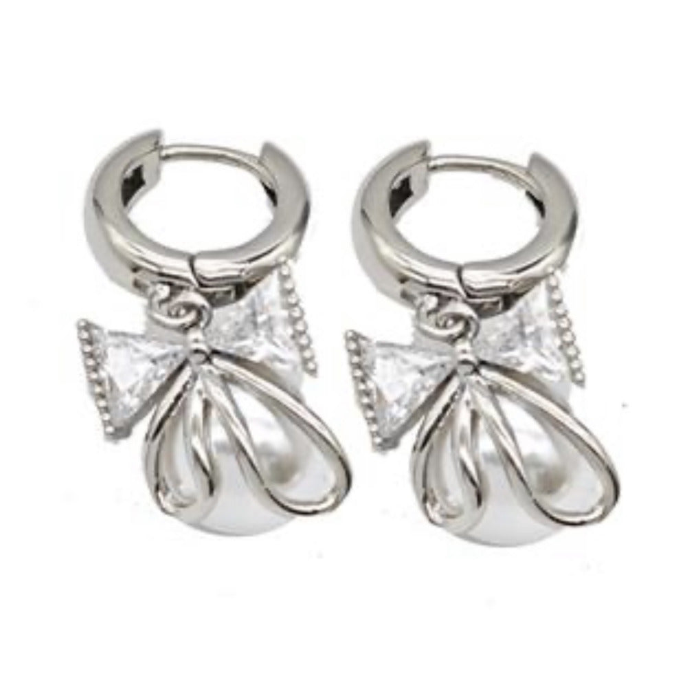 Bowknot Hoop Earrings Pave Resin Platinum Plated