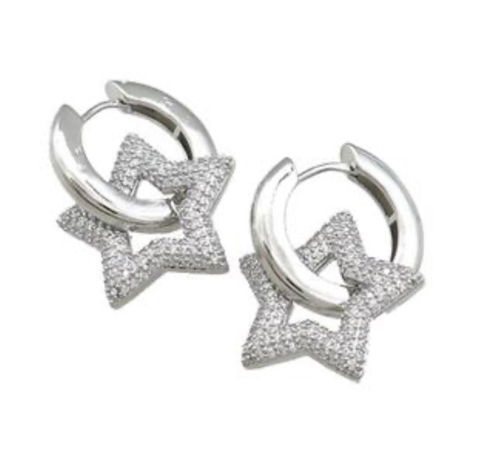 Hoop Earrings Star Pave Zircon Platinum Plated