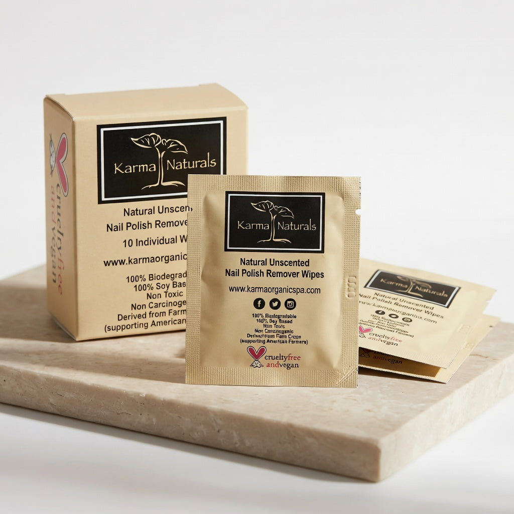 Karma Naturals– Toallitas Quitaesmalte Veganas, Sin Acetona, con Aceite de Soya, con Vitamina E y Sin Fragancia  (10 unidades)
